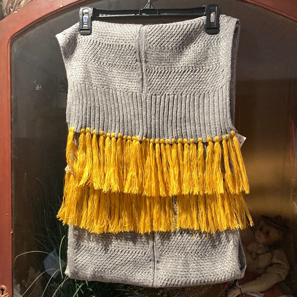 BOHO Gray Knitted/Crocheted Scarf with Yellow/Gold Flecks and Fringe